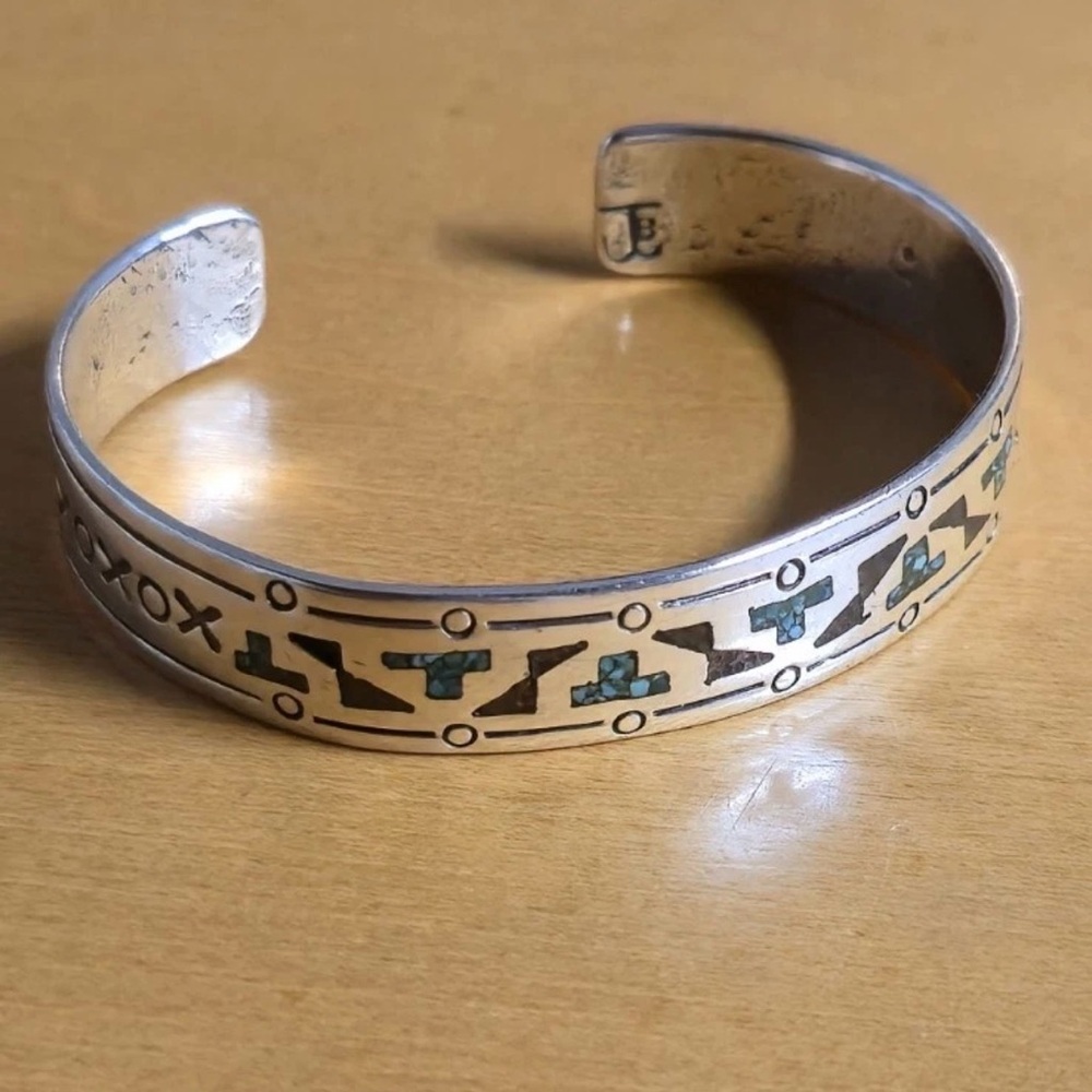 Native American Sterling Silver Turquoise And Coral Inlay Design Cuff...